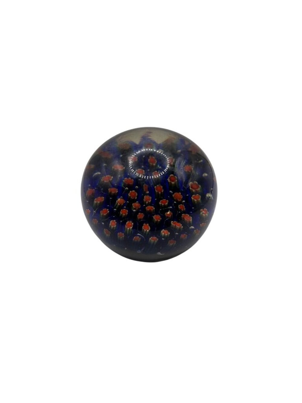 Handcrafted Millefiori Glass Paperweight In Vibrant Blue & Red Floral Design